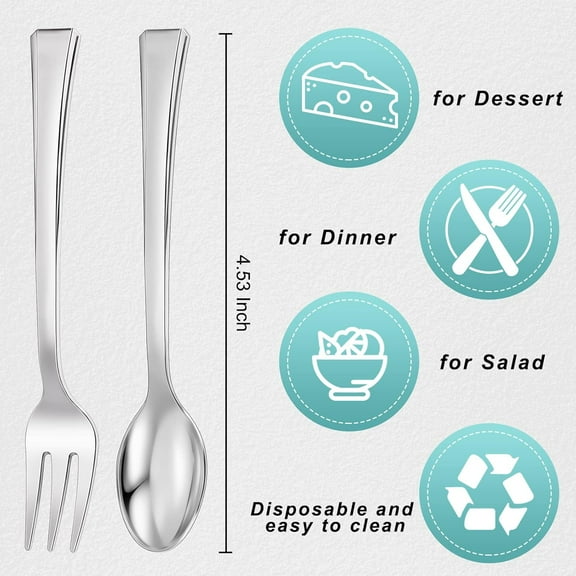 PYYNA-300 Pieces Plastic Mini Appetizer Forks and Spoon 4.53 Inch Stainless Steel Finished Silver Disposable Silverware Heavy Duty Plastic Tasting Dessert Tableware for Party (Spoon and Fork)