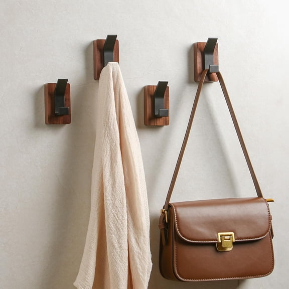 PYYNA-4 Pack Wooden Wall Hooks, Adhesive and Screw Mounted for Heavy Duty, Boho Decorative Coat Hooks for Towel, Clothes, Blanket, Hat, Entryway, Nursery Door