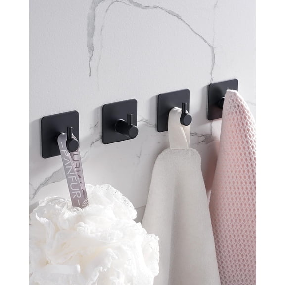 PYYNA-4 Packs Black Adhesive Hooks Bundle with Toilet Paper Holder, Adhesive Toilet Paper Roll Holder