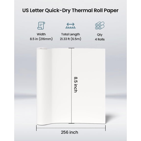 PYYNA-4 Rolls Thermal Printer Paper 8.5 x 11 Inch US Letter Size, Compatible with Gloryang & JADENS PD-A4 Thermal Printer,Thermal Paper Quick-Dry, 6.5m/Roll