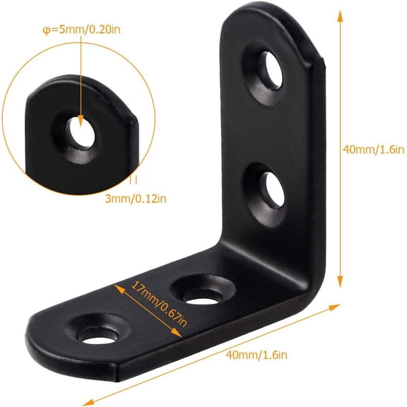 PYYNA-40 PCS Black L Brackets, Cast Iron 40MM X 40MM X 17MM Heavy Duty Corner Braces for Shelves, L Shape Joint Right Angle Shelf Support Corner for Shelves, Furniture and Cabinet, Round End