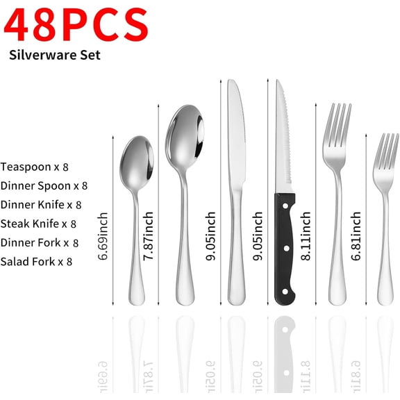 PYYNA-48-Piece Silverware Set with Steak Knives, Stainless Steel Flatware Set for 8, Food Grade Tableware Cutlery Set Rust-proof, Mirror Polished, Dishwasher Safe