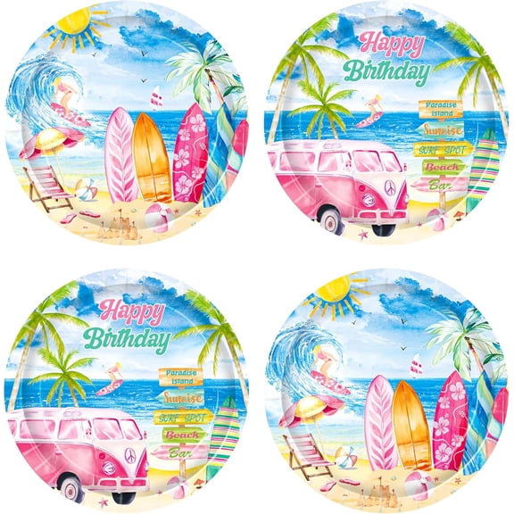 PYYNA-48Pcs Vintage Surfing Surfboard Paper Plates 7.1inch Summer Surfing Birthday Party Tableware for Girls Pink Surfer Surf Van Surfboard Theme Dinnerware Plates for Summer Hawaii Surf party suppli