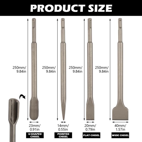 PYYNA-4pcs SDS Chisel Set, Tile Removal Chisel Bits, Heavy-Duty SDS Plus Bits for Hammer Drill, Includes Flat, Pointed & Tile Chisels for Concrete Demolition and Thinset Removal