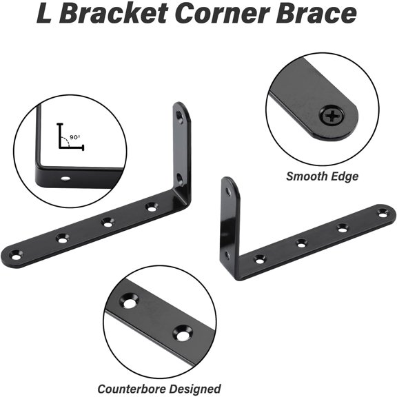PYYNA-5" x 3" Steel Corner Brace,8 Pack L Corner Bracket for Wood Furniture, Shelves, and Cabinets,Heavy Duty Right Joint Angle Bracket,Metal Shelf Brackets with Screws,Black