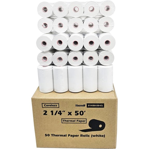 PYYNA-(50 Coreless Rolls) 2 1/4 x 50 Thermal Paper Receipt Rolls fits all Credit Card Terminals Verifone VX520 Ingenico ICT220 ICT250 BPA Free from