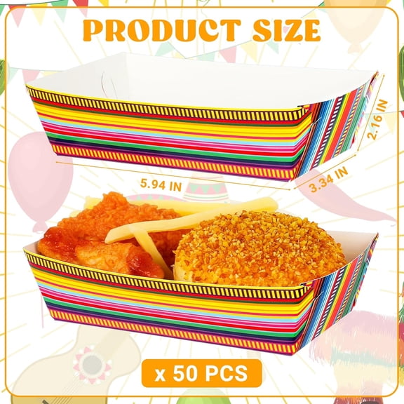 PYYNA-50 PCS Cinco De Mayo Decorations, Large Capacity Fiesta Plates, Serape Pattern Cinco De Mayo Paper Trays Mexican Food Trays Fiesta Hot Dog Trays, Disposable Mexican Theme Party Decorations