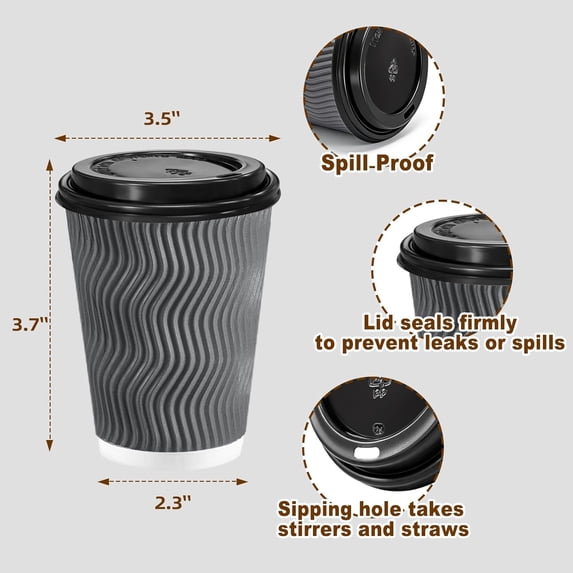 PYYNA-50 Pack 10 oz Insulated Disposable Coffee Cups with Lids, To Go Paper Coffee Cups with Lids, Corrugated Ripple Wall Cup for Hot Drink, Office, Coffee Bar