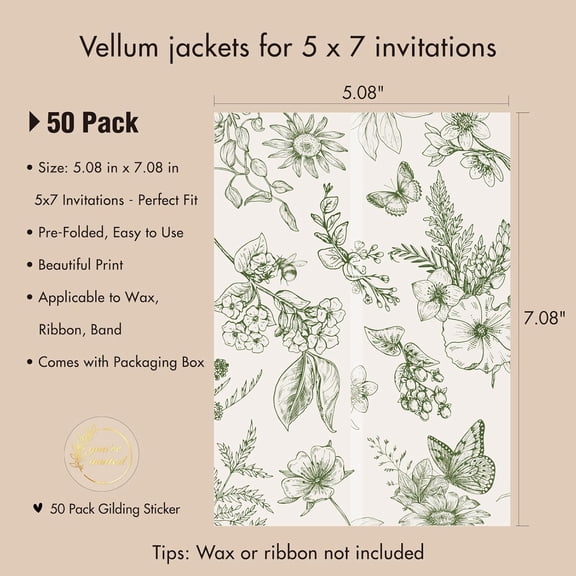 PYYNA-50 Pack Pre-Folded Vellum Jackets for 5x7 Invitations, Elegant Translucent Invitation Sleeves,115GSM Vellum Jackets 5x7, Wedding Invitation Accessories, for Weddings Birthdays,Sage Green Toile