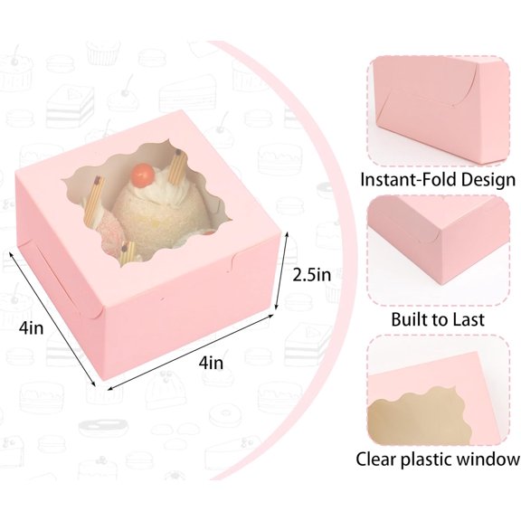 PYYNA-50Pcs 4x4x2.5 Pink Cookie Boxes, Bakery Boxes for Baked Goods, Cookies, Pastry, Strawberries, Macarons