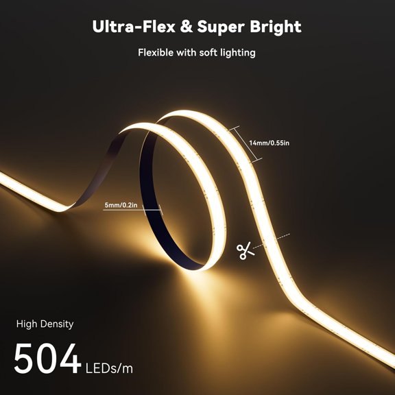 PYYNA-5mm COB LED Strip Light 16.4ft/5m 2700K Warm White 504 LEDs/m,5000lm CRI90+ Super Bright DC24V Flexible LED Tape for Cabinet Home DIY Lighting Projects(Power Supply Not Included)
