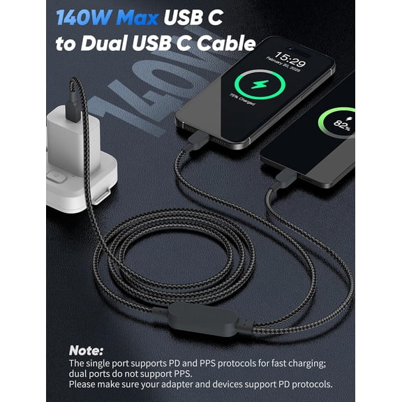 PYYNA-6 FT USB C to USBC Splitter Cable 1 in 2 Out Y-Shaped 140W 40W PD Charge Braided Type C Charger Multi Charging Cord for iPhone 17 Pro Max 17e Air 16e 16 15 for Samsung S26 S25 for Pixel 10 10a