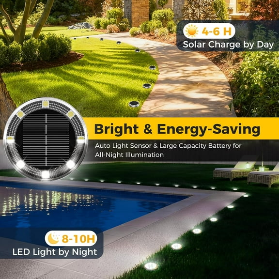 PYYNA-6 Pack Solar Ground Lights Outdoor, 8 LED Mini Flat Solar Disc Lights, IP65 Waterproof Pathway Lights Solar Powered, Landscape Lighting for Garden Walkway Driveway Pathway Yard Lawn,Cool White