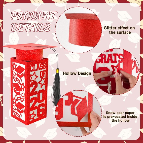 PYYNA-6 Pcs Graduation Table Centerpieces Boxes Class of 2026, Red Graduation Paper Lanterns Boxes with String Lights Hollow Out for Congrats Grad School College Table Decorations Grad Party Photo Pr