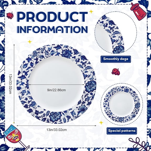 PYYNA-6 Pcs Passover Blue and White Porcelain Charger Plates 13 Inch Round Passover Blue White Porcelain Plastic Plates Large Charger Plate for Holiday Party Decorations Dinner Tableware Supplies