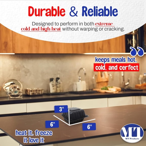 PYYNA-6" x 6" Black Takeout Food Containers - Hinged Clamshell To-Go Boxes - Microwave, Oven & Freezer Safe - Disposable Meal Prep with Lids (Pack of 30)