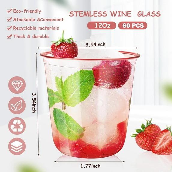 PYYNA-60 Pcs Disposable Stemless Glasses 12oz Pink Plastic Cups Disposable Cold Party Drinking Cups Wine Glasses for Meeting Weddings Birthdays Cocktail Christmas Party Supplies (Pink)