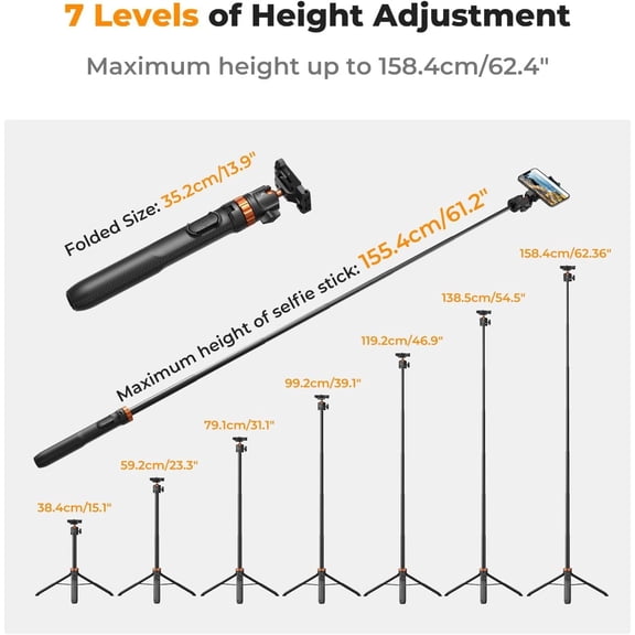 PYYNA-62'' Phone Selfie Stick Tripod, 2-in-1 Extendable Cell Phone Tripod Stand with Remote, 360 Ball Head Camera Tripod Compatible with DJI Osmo Pocket3 Action 6/5Pro GoPro 13/12 iPhone.