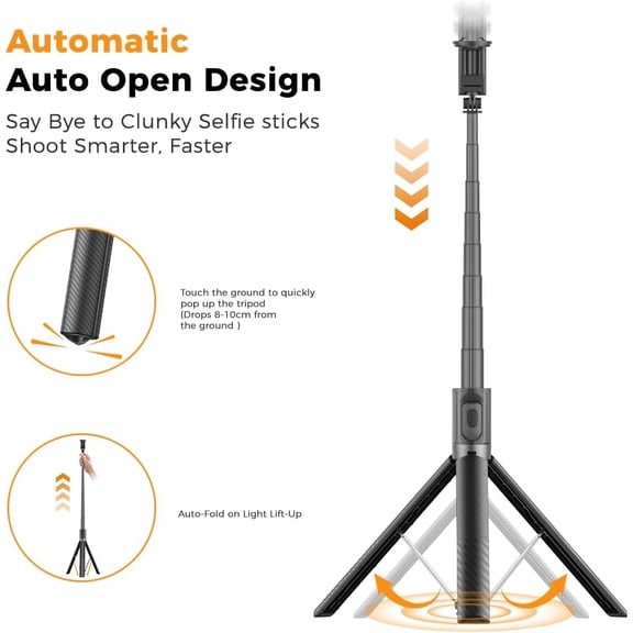 PYYNA-65" Automatic Phone Tripod,Auto-Open and Close Selfie Stick Tripod with Remote, Extendable Cell Phone Stand for iPhone & Android,Lightweight Selfie Stick for Creators,Vloggers,Travel,YouTube