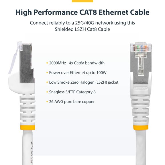 PYYNA-6in White CAT8 Ethernet Cable, Snagless RJ45, 25G/40G, 2000MHz, 100W PoE++, S/FTP, 26AWG Pure Bare Copper, LSZH