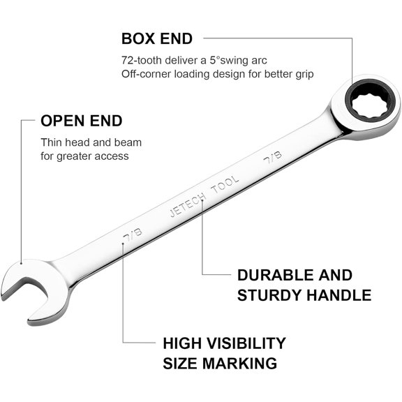 PYYNA-7/8 inch Ratcheting Combination Wrench, Industrial Grade Gear Spanner with 12-Point Design, 72-Tooth Ratchet, Forged and Heat-Treated Cr-V Steel, SAE