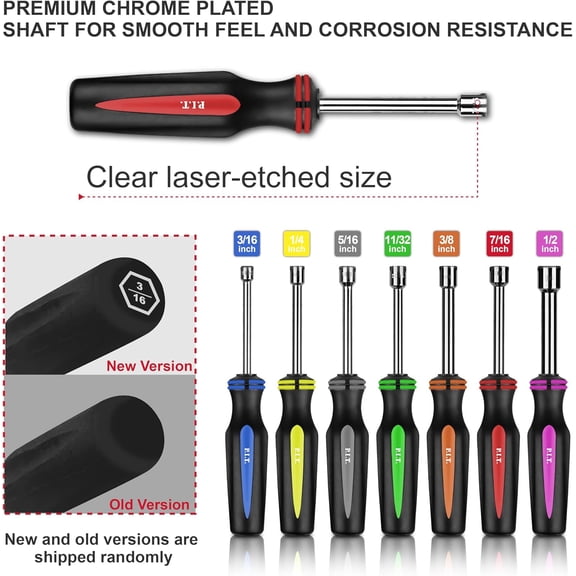PYYNA-7-Pieces SAE Nut Driver Set,Solid Shaft Nut Drivers (3/16, 1/4, 5/16, 11/32, 3/8, 7/16, 1/2 Inch) With Color Coded Nonslip Comfort TPR Hand Grips,Standard Sizes Hex Deep Nut Driver Set