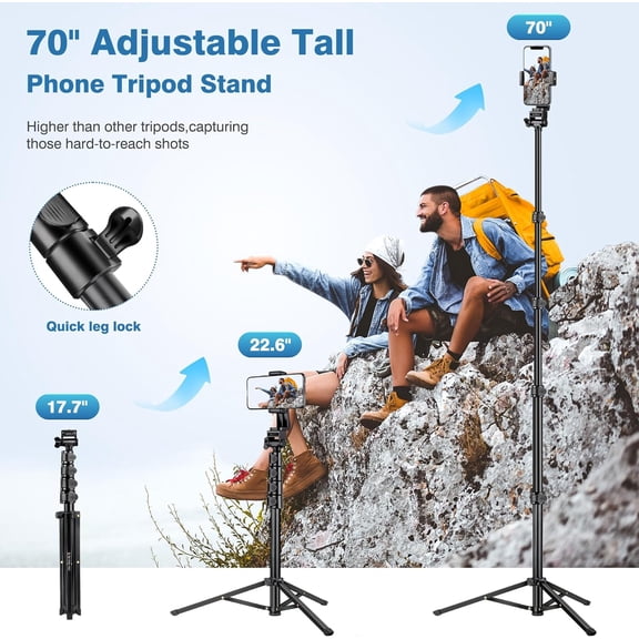 PYYNA-70" Phone Tripod with Remote & Holder, Portable Cell Phone Stand, Selfie Stick for Video Recording, Compatible with iPhone 14/13 Pro Max/Android/Camera