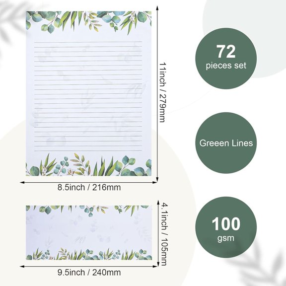 PYYNA-72 Pcs Leaf Theme Paper Stationery Set 36 Greenery Letterhead Paper with 36 Matching Envelope Leaves Lined Paper for Letter Elegant Letter Paper (Fresh Style,8.5 x 11 Inch, 9.5 x 4.13 Inch)