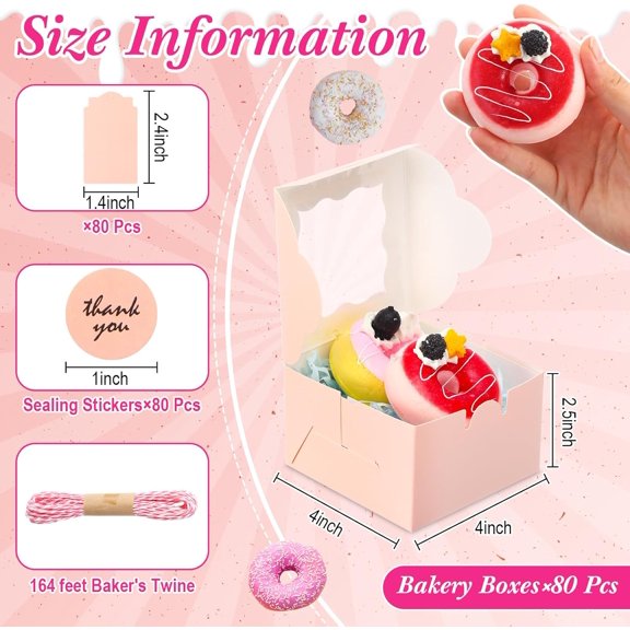 PYYNA-80 Pcs 4x4x2.5 Inches Cookie Boxes with Window Bakery Boxes Christmas Small Pastry Treat Mini Cake Dessert Baked Goods Packaging Gifts for Pastry, Cookies, Pie, Donut, Macaroon(Pink)