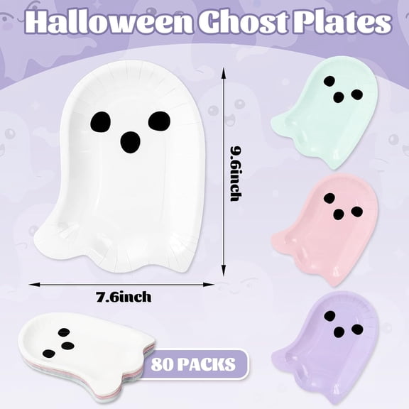 PYYNA-80 Pcs Halloween Paper Plates Boo Ghost Disposable Dinner Plates Boho 4 Pastel Colors Tableware for Party Supplies Table Decor, 7.6 x 9.6 In
