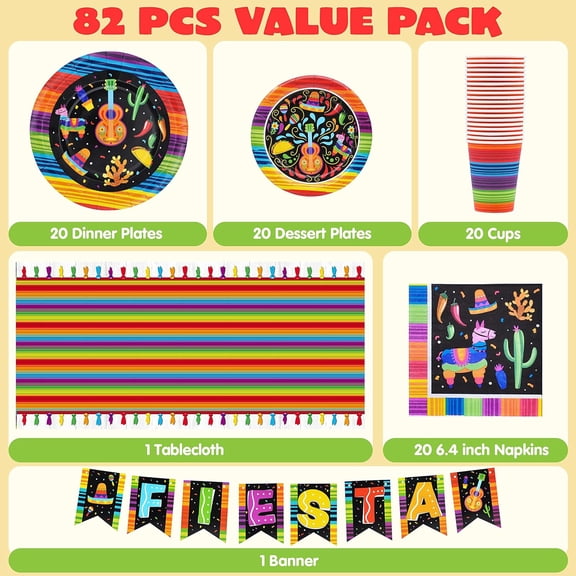 PYYNA-82PCS Fiesta Tableware Set, Mexican Party Supplies Packs for Cinco De Mayo Table Decorations, Fiest Themed Dessert Plates Fiesta Party Napkins Forks, Carnivals Event, Dia De Muertos Festivals