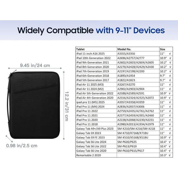 PYYNA-9-11" Tablet Sleeve Bag for iPad 11-inch A16 2025, iPad 10.9"/10.2"| Air 11 Inch/5th/4th Gen. 10.9", Galaxy Tab A9+/A11Plus 11", Protective Bag with Pockets, Black
