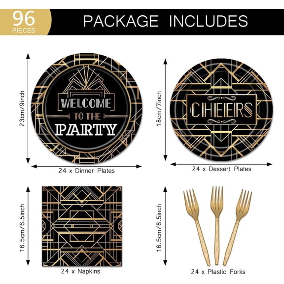 PYYNA-96 Pcs Roaring 1920's Party Plates and Napkins Party Supplies Black and Gold Retro Jazz Flapper Party Tableware Set 20s Great Gatsby Party Decorations Favors for 24 Guests
