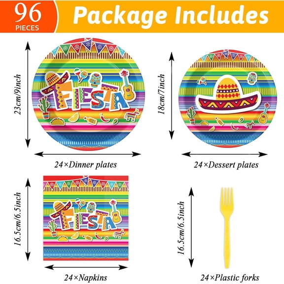 PYYNA-96 Pieces Fiesta Party Decorations Mexican Plates Tableware Set for De Mayo Party Decorations Supplies Mexican Themed Paper Dessert Plates Napkins Forks for 24 Guests Birthday Party Favors