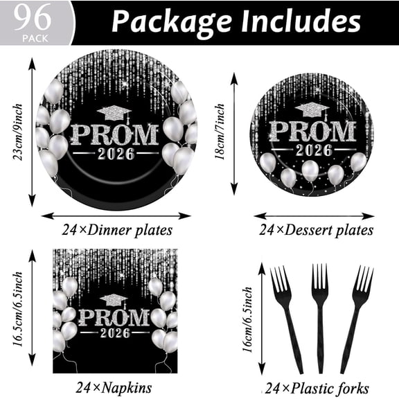 PYYNA-96PCS Prom Night 2026 Party Tableware Set Black Silver Graduation Party Supplies Congrats Class of 2026 Party Disposable Dinnerware Plates Napkins Forks for Graduation Celebration Favors