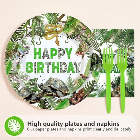 PYYNA-96Pcs Reptile 5th Birthday Party Supplies Lizard Snake Turtle Birthday Party Plates and Napkins Green Reptile 5 Years Old Tableware Set for Tropical Wild Greenery Decoration Favors Serves 24