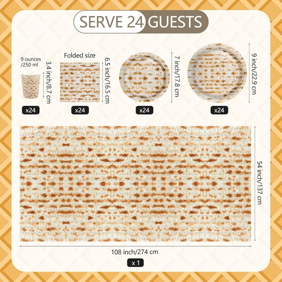PYYNA-97 Pieces Passover Matzoh Tableware Set for 24 Guests Matzoh Plastic Tablecloth Paper Plates Napkins Cups Disposable Passover Dinnerware Set for Seder Table Decorations