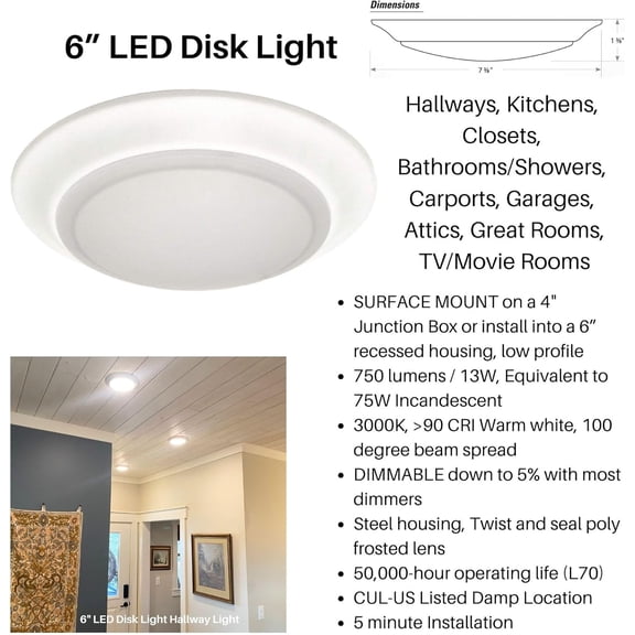 PYYNA-Agilux LED Disk Light - 6 Inch Surface or Junction Box Mount - Low Profile Flush Mount - 3000k Warm White - 750 Lumens, Dimmable Shower Closet Light - 1PK