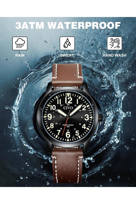-Analog Wrist Watches for Men: Leather Mens Dress Watch - 24 Hour Time Easy to Read Luminous Waterproof Wrist Watch - Gift for Men Husband at Business Daily Wear