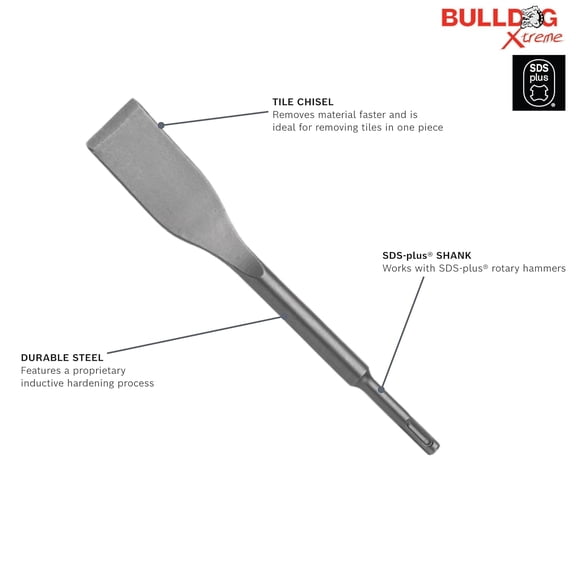 PYYNA-BOSCH HS1465 1-1/2 in. x 10 in. Tile Chisel SDS-Plus Bulldog Xtreme Hammer Steel Ideal for Removing Tiles, Smaller Grout Joints