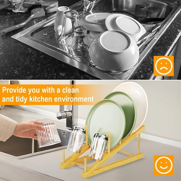 PYYNA-Bamboo Dish Drying Rack,Plate Holders for Displaying,Kitchen Organizer,Plate Rack Organizer with Natural Bamboo,Holds Plates, Bowls, Cups & Cutting,Boards-Dish Rack for Countertop & Cabinets 2