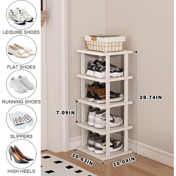 PYYNA-Bamboo Shoe Rack 5Tier- Vertical White Shoe Rack for Small Spaces, Tall Narrow Shoe Rack Organizer for Closet Entryway Corner Garage and Bedroom,Skinny Shoe Shelf with Free Stackable DIY