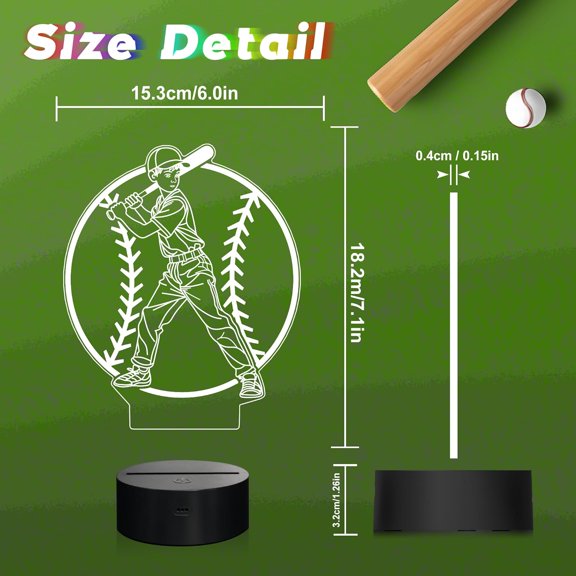 PYYNA-Baseball Boy Night Light, 3D Room Decor LED Optical Illusion Lamp with 16 Colors and Remote Control, Baesball Gifts for Boys 8-12 Players Sports Fans on Christmas Birthday