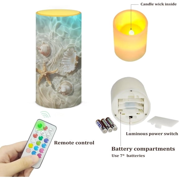 PYYNA-Beach Starfish Seashell Flameless Candle Battery Powered with Remote Control 12 Colors 4/8 Hours Timer LED Night Lights Pillar Candle Tealights Beach Themed Home Decor