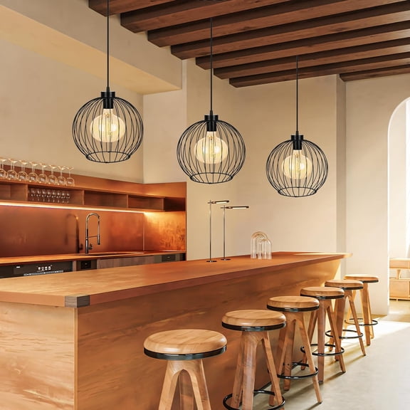 PYYNA-Black Ball Modern Industrial Chandelier DIY Metal Cage Pendant Light Fixture, E26 Base (No Bulb), Assembly Required, for Living Room, Kitchen, Dining Room, Bedroom, Farmhouse, Bar, Caf