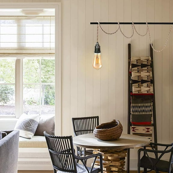 PYYNA-Black Plug in Pendant Light Fixture, 9.84 Ft Pendant Light Kit, Hanging Lights with Plug in Hemp Rope Cord & Switch, Vintage E26 Socket Set Farmhouse Decor, Retro Lamp Cable DIY (Bulb Not Inclu