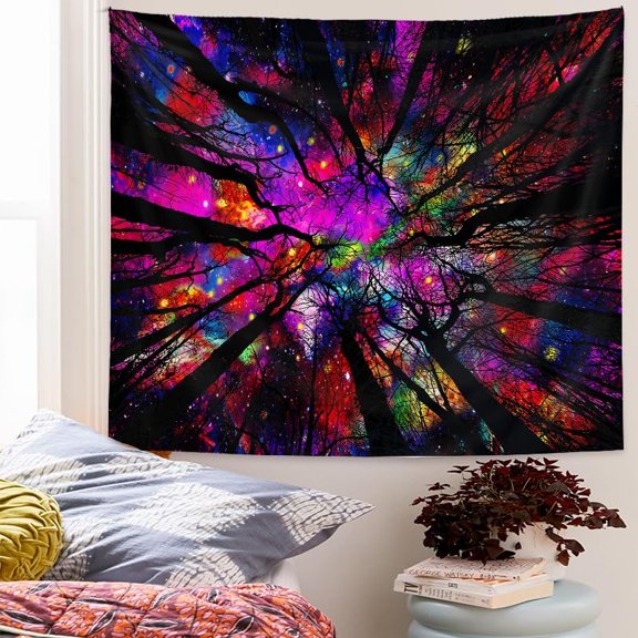 PYYNA-Blacklight Galaxy Forest Silhouette Tapestry for Bedroom Night Sky Ceiling Tapestry for Bedroom Decor Dark Forest Stars Tapestries Glow in the Dark Starry Night Tapestries UV Reactive Dorm Deco