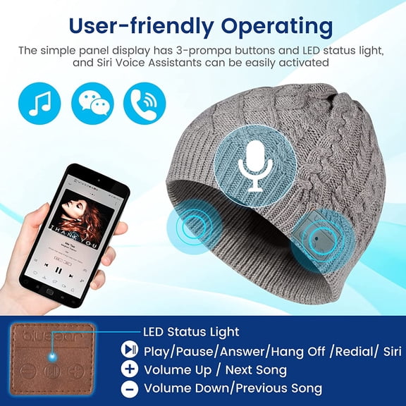 PYYNA-Bluetooth Beanie Hat Bluetooh 5.2 Headphone Wireless Winter Knit Hats with Stereo Speaker and MIC 15 Hours Working Time for Outdoor Sports Grey