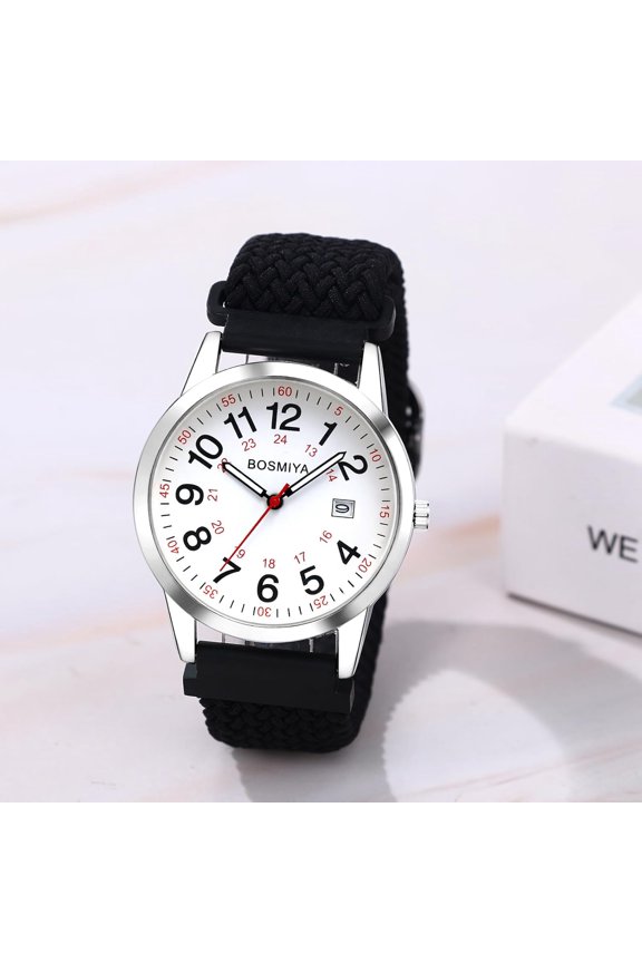 -Braided Elastic Nurse Watch for Medical: 12/24 Hour Military Time Day Date Easy Read Casual Analog Watch