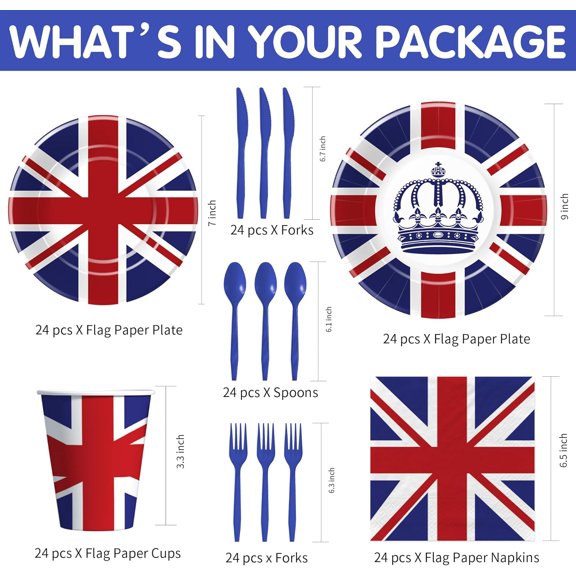 PYYNA-Britain UK England Flag Paper Plates And Napkins Set, Disposable British Flag Birthday Party Decorations Tableware, Plate, Napkin, Cup, Cutlery, Union Jack Party Decorations Favors | 24 Guest